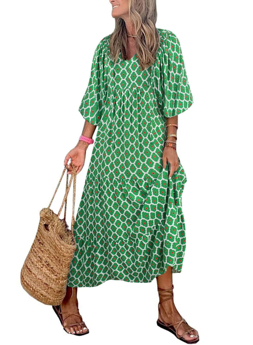 Miriam™ Geometryczna sukienka maxi w stylu boho z puffowymi rękawami