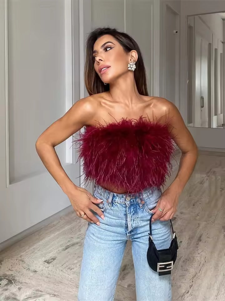 Olga Tella™ Modny puszysty top z piórami