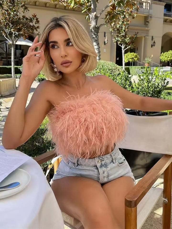 Olga Tella™ Modny puszysty top z piórami