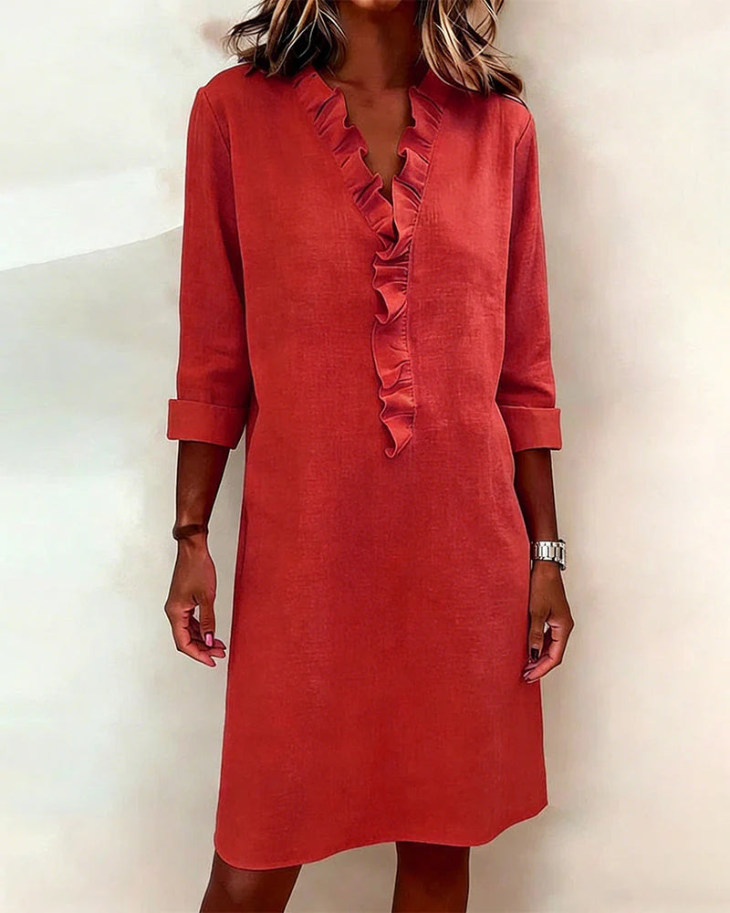 Arianna Plain V-Neck Ruffled Dress - full-length front view showing ruffle detailing