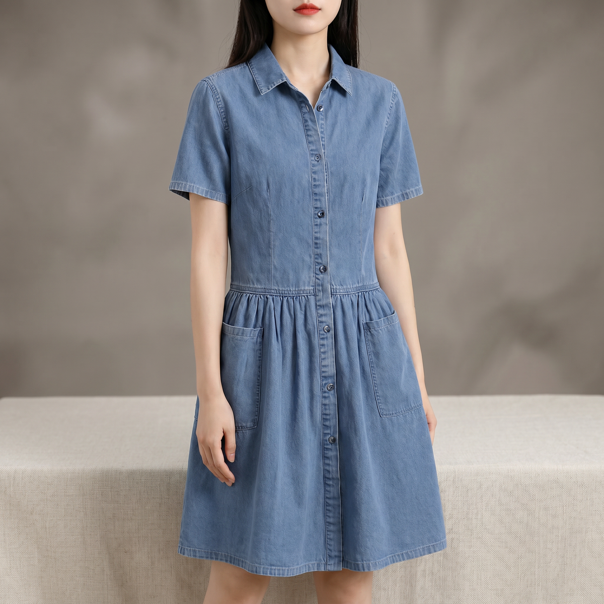 Lucia Riva™ Casualowa lekka sukienka midi w stylu jeansowym z krótkim rękawem