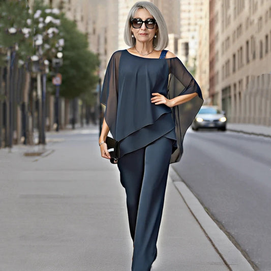 Palmira Women's Asymmetric Chiffon Top and Wide Leg Pants Two-Piece Set - gallery view 6