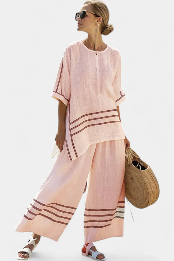 Viviana Chic Striped Set - wide leg pants and asymmetrical blouse styled outfit view